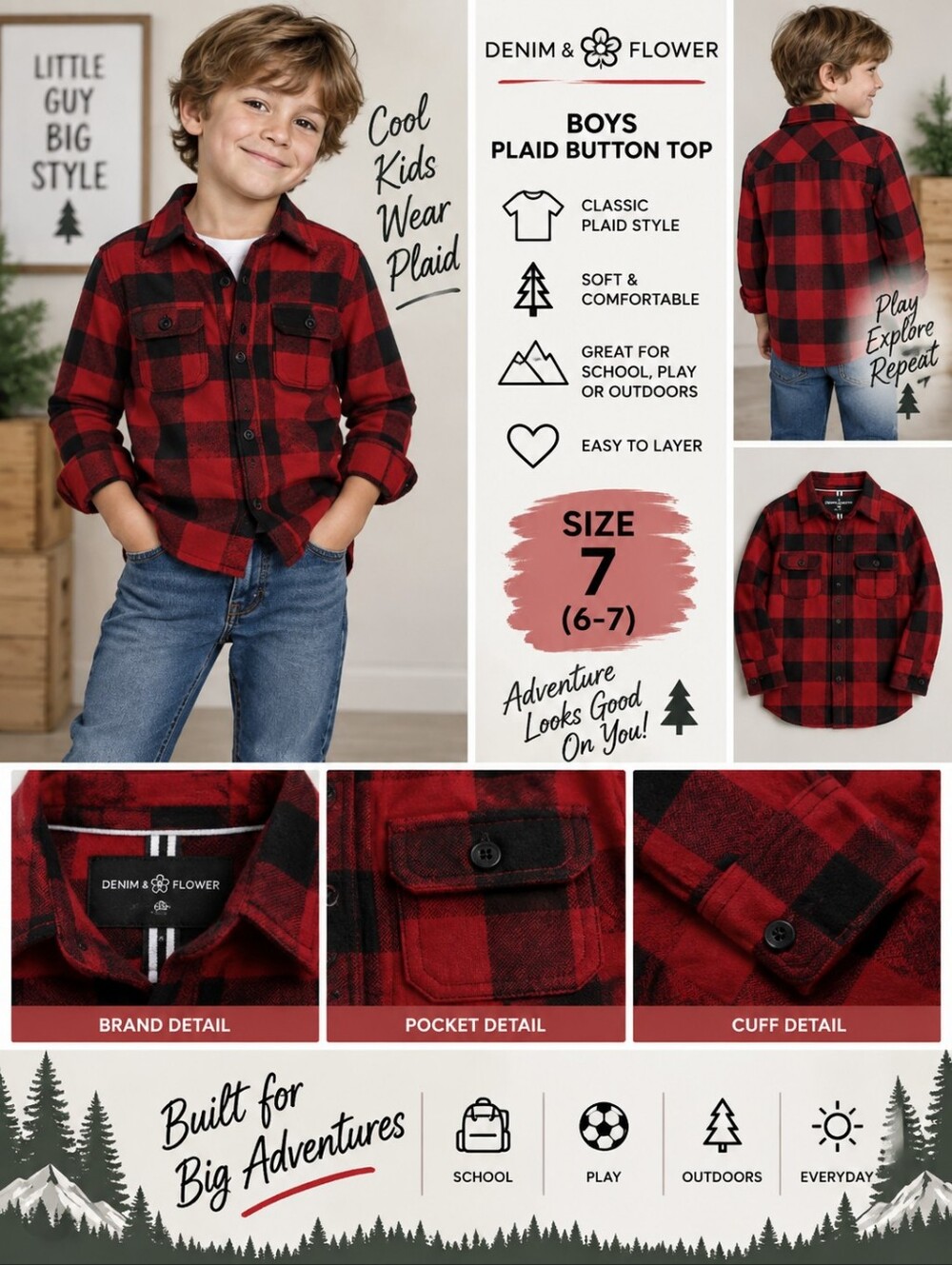 Denim & flower boys size 7 red plaid button top #29